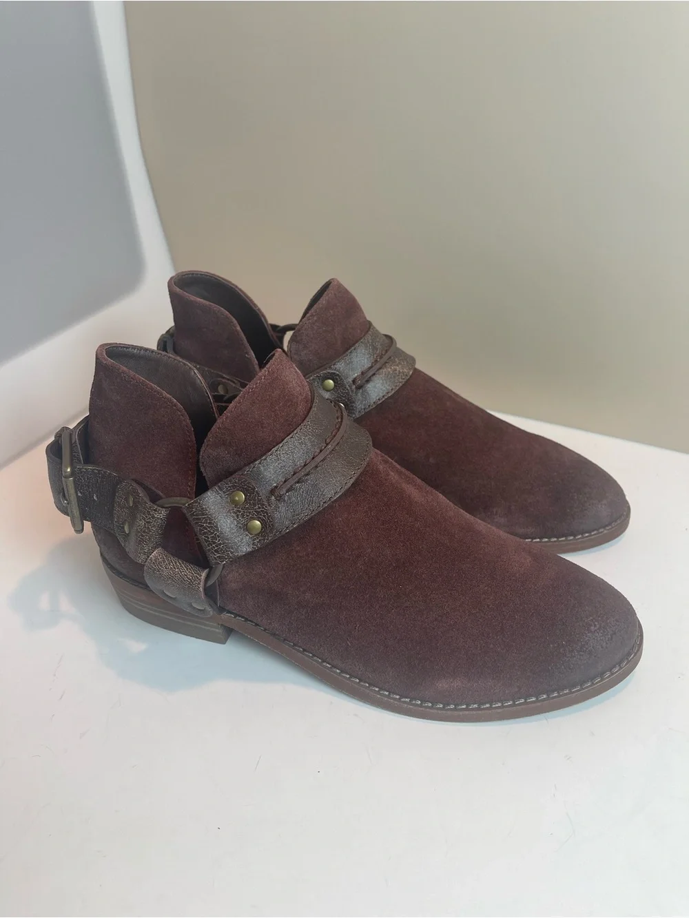 Free People Belle Harness Boots Brown Suede Leather Ankle Booties Buckle Size 8